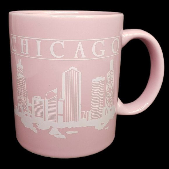 Vintage Pink Chicago Mug Skyline Souvenir Willis Sears Hancock Windy City - Picture 1 of 10